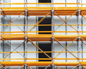 Close-up view of industrial scaffolding featuring orange rails and gray metal framework, ideal for construction and renovation projects.