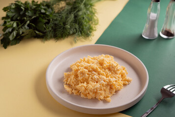 plate, scrambled, egg, garnish, fresh, quail, additional, sprig, protein, salt, pepper, leafy