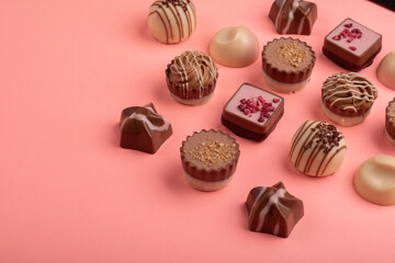 handmade, photo, elegant, celebration, dark, show, product, luxury, assortment, assorted, chocolate, treat, pink, milk, background, cacao, shape, size, design
