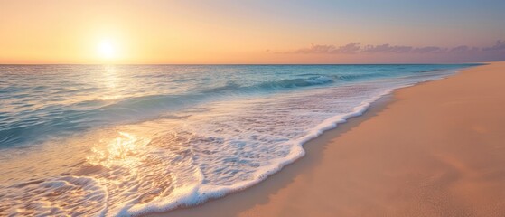  The sun sets over the ocean, waves crash on the sand, and a beach chair sits in the foreground