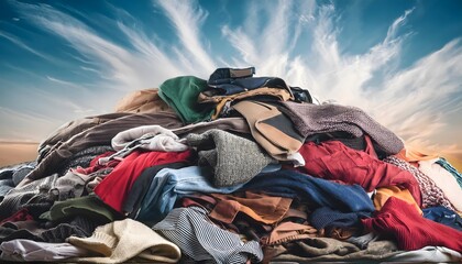 piles of used clothes and textiles. Fast fashion and clothing recycling