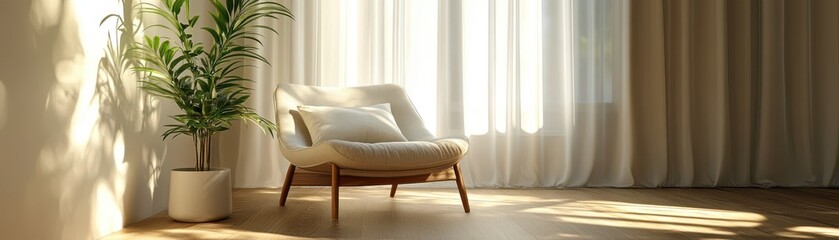 Cozy Modern Living Room with Sunlight Streaming Through Sheer Curtains and Comfortable Armchair