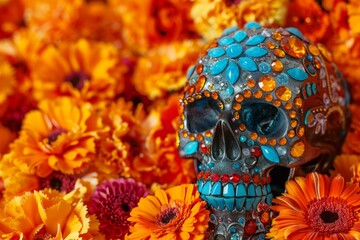 Fototapeta premium Intricate sugar skull encrusted with colorful gems is juxtaposed with vivid marigold flowers encapsulating Mexicos Day of the Dead observance background with empty space for text