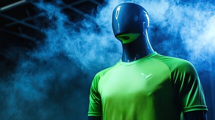 Naklejka premium Vibrant Green Sports Jersey Display: Perfect Poster Design for Modern Sports Interior, Featuring Sleek Mannequin and Dynamic Lighting to Highlight Fabric Texture