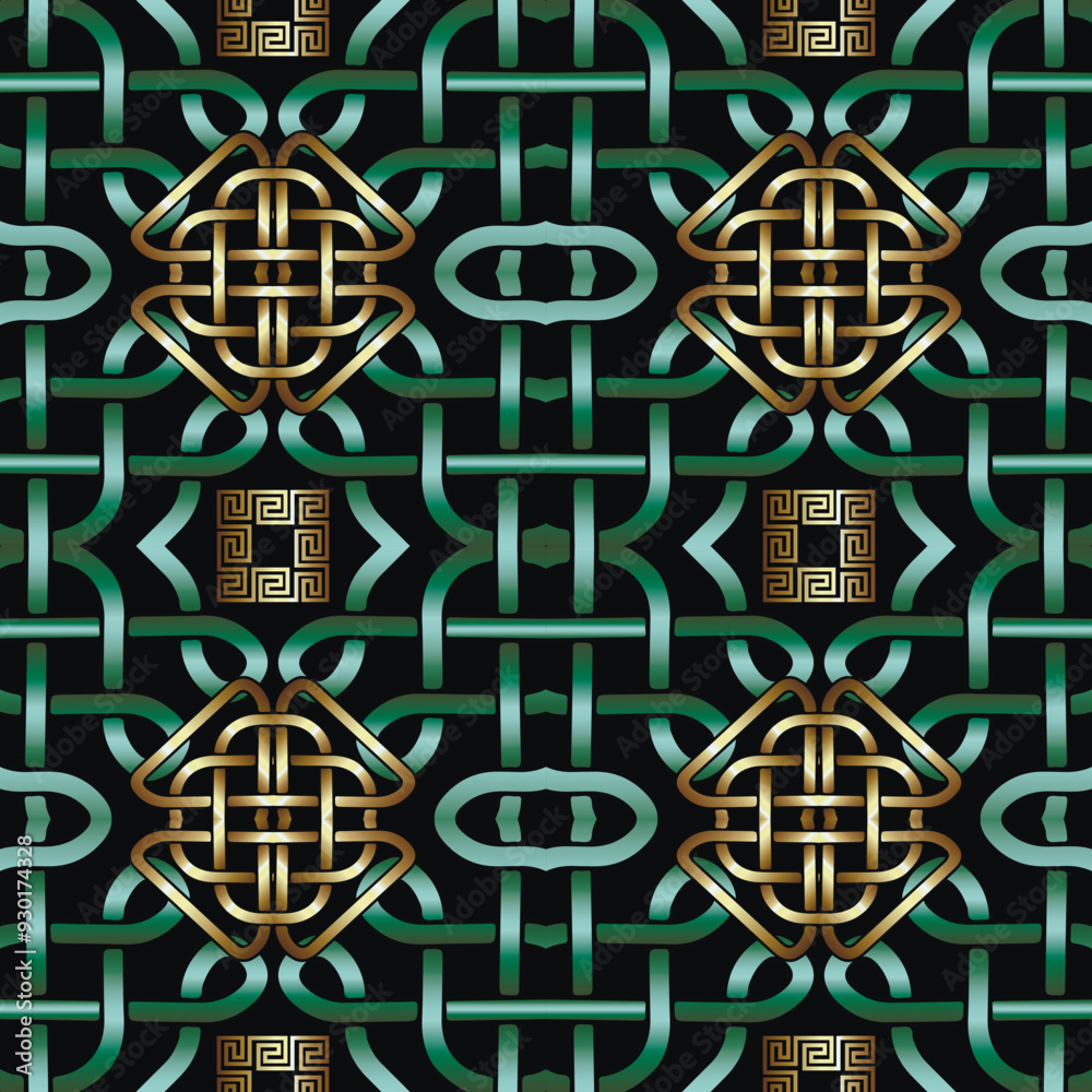 Wall mural 3d luxury beautiful gold green colors greek celtic style intricate grid seamless pattern. vector orn