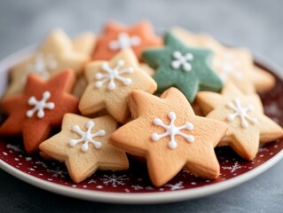 Colorful star-shaped cookies decorated with icing, perfect for festive occasions and holiday celebrations.