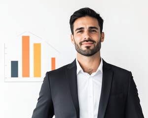Confident businessman in suit with upward trend graph behind him, showcasing success and growth.