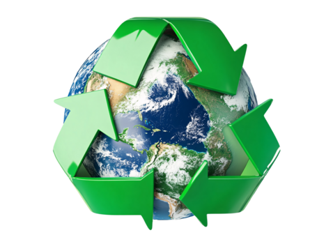a green recycle symbol around the earth