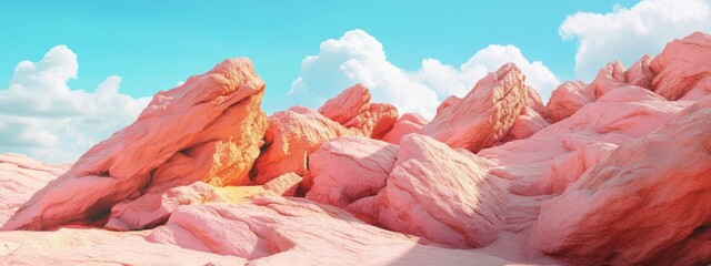 pink rocks in the desert against a pastel blue sky. pink stone on the desert