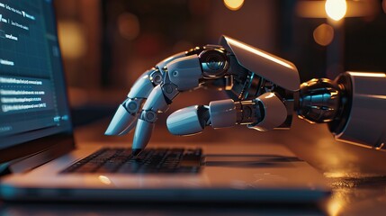 Obraz premium AI robot hand using laptop
