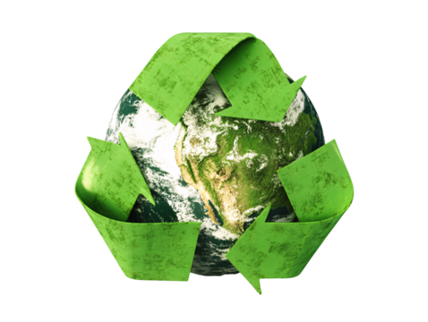 a green recycle symbol around a planet