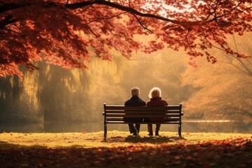 Middle-aged couple sitting autumn bench.