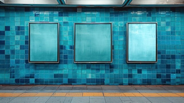 Empty billboards with tiled wall background (copy space, potential ad space, vibrant, Blend mode, Subway platform edge)