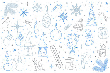 Hand drawn Christmas doodle set in blue silver and grey. Vector illustration design with Christmas tree, stockings, presents, decorations, snowflakes, elves, snowmen, cute characters, winter elements