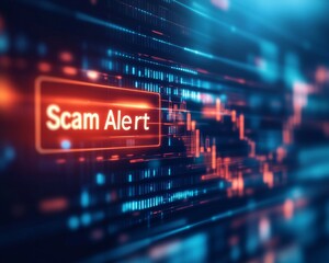 Obraz premium Digital representation of a scam alert, featuring vibrant data lines and alerts highlighting the importance of cybersecurity awareness.