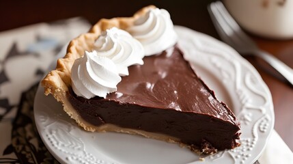 A slice of chocolate pie with whipped cream on top.
