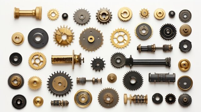 A huge collection of random industrial metal objects isolated on a white background. Neural network ai generated art