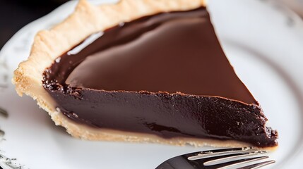 A slice of chocolate pie on a white plate with a fork