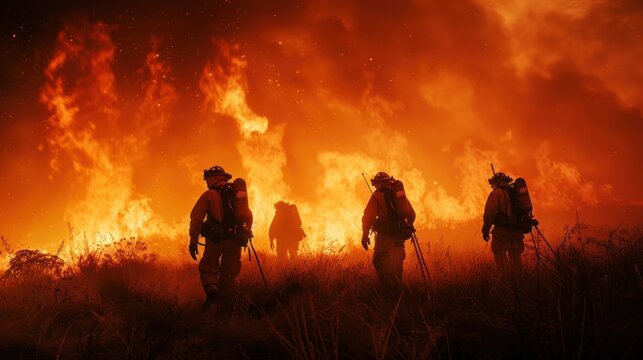 Firefighters silhouetted against the flames (close up, courage under fire, realistic, Silhouette, Grassfire)