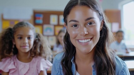 A dedicated teacher is helping a student in a lively classroom filled with eager learners, fostering a collaborative learning environment