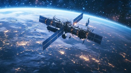A space station orbits Earth, revealing illuminated cities and dark oceans, surrounded by thousands of stars in the vast universe