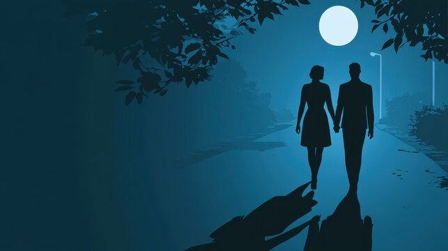 Moonlit Stroll: Romantic Couple's Evening Walk Along Serene Pathway