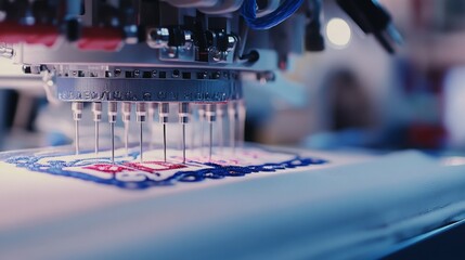 An embroidery machine meticulously stitches a colorful logo onto a piece of fabric in a crafting workshop.