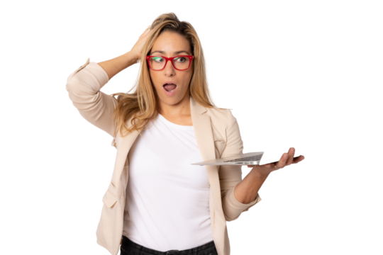 Amazed business woman working on laptop computer isolated over transparent background