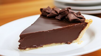 A slice of decadent chocolate pie with chocolate shavings on top.