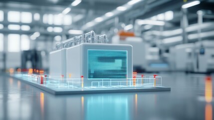 Fototapeta premium Futuristic industrial building with glowing elements and a sleek design, showcasing modern architecture in a bright factory setting.