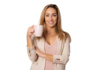 Smiling business woman hold cup of coffee isolated over transparent background