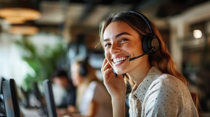 A cheerful woman wearing a headset engages with customers at a call center in a lively office environment