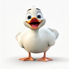 Obraz premium A cheerful animated white duck with big eyes and a joyful expression standing against a plain background, radiating happiness in a playful moment