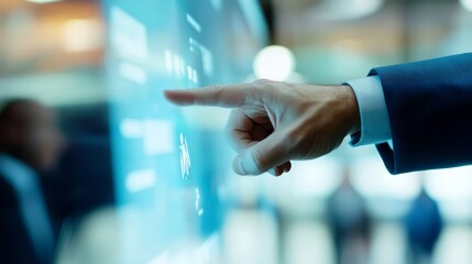 A person in a suit points at a high-tech touchscreen display, engaged in a discussion during a meeting