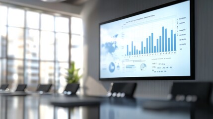 A conference room features a large screen showing various data analytics graphs while chairs are arranged around a sleek table