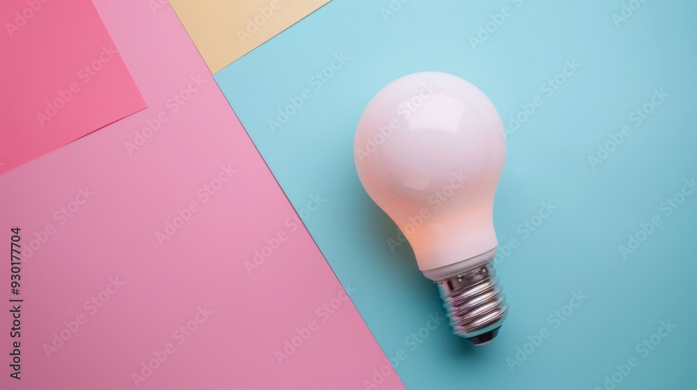 Poster a white light bulb rests on a colorful pastel surface, highlighting its design against a backdrop of