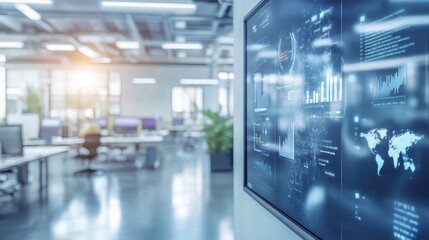 A sleek office features a large digital display showing data analytics while sunlight streams through the windows