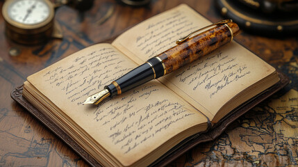 Elegant fountain pen is sitting on an open antique journal with handwritten notes, evoking a sense of nostalgia and history
