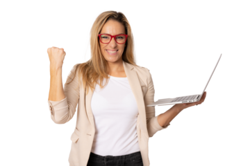 Portrait of a happy caucasian business woman working on laptop computer making victory sign isolated over white background