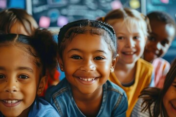 Joyful children posing together in a vibrant classroom during a cheerful group activity