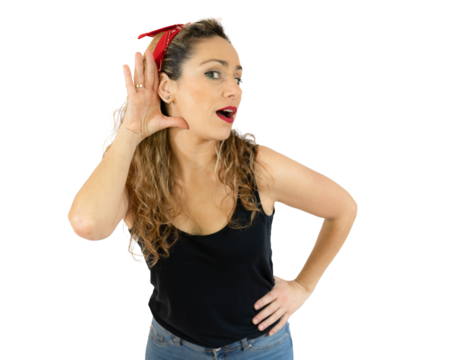 Young woman over isolated transparent background listening to something by putting hand on the ear