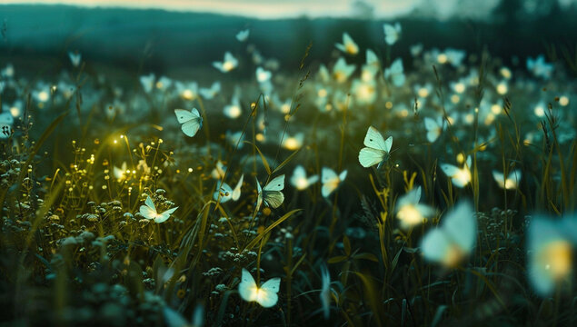Fototapeta A tranquil meadow with butterflies that glow in the dark