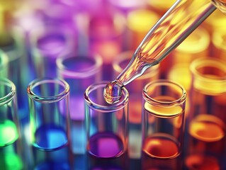 Stunning Macro Close-up of Colorful Liquids in Test Tubes and Pipette, Exuding Scientific Vitality and Contrasting Light with Dark Abstract Background