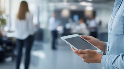 A person is using a tablet while engaged with colleagues in a modern office setting filled with activity
