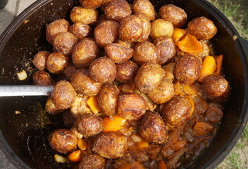 Organic new potatoes fried. Closeup photo of roasted potatoes