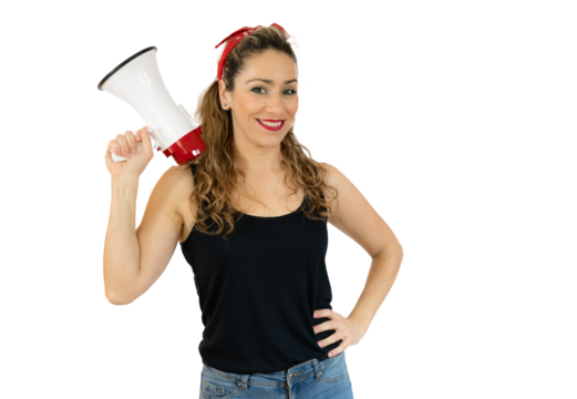 Middle aged woman holding a megaphone over transparent background.