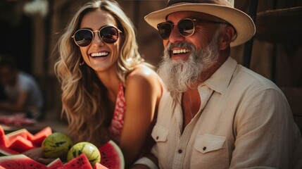 Obraz premium Couples enjoying festival, drinking beer and spending quality time together. 