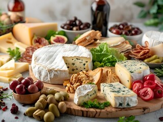 Gourmet Cheese Platter with Assortment of Artisanal Cheeses  Cured Meats  Nuts  Olives  Grapes  and Breads on Rustic Wooden Table