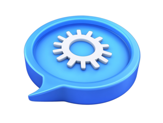 a blue chat bubble with a white gear inside