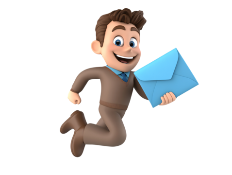 a cartoon character running with a blue envelope